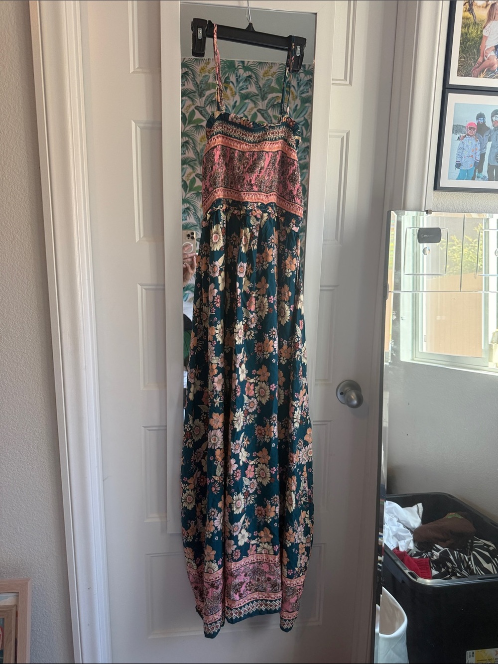 Source Unknown Teal Maxi Dress with Pink Floral Print